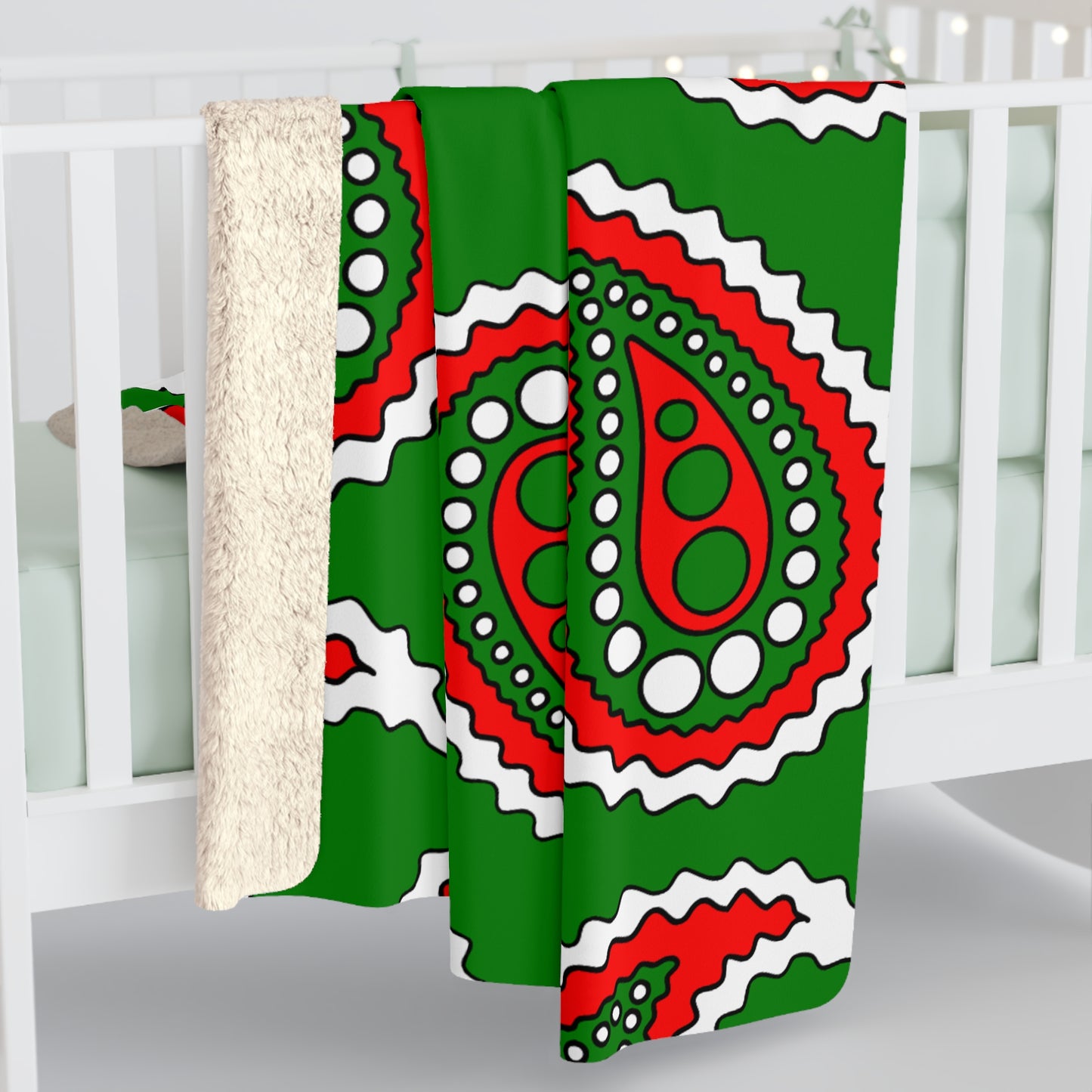 Green, White, Red Retro Paisley Blanket Throw