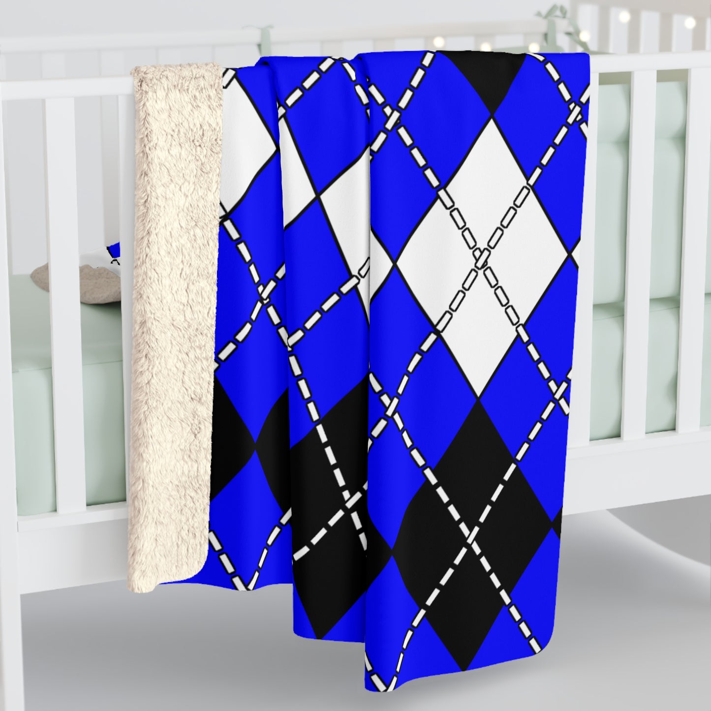 Blue, Black, White Retro Argyle Blanket Throw
