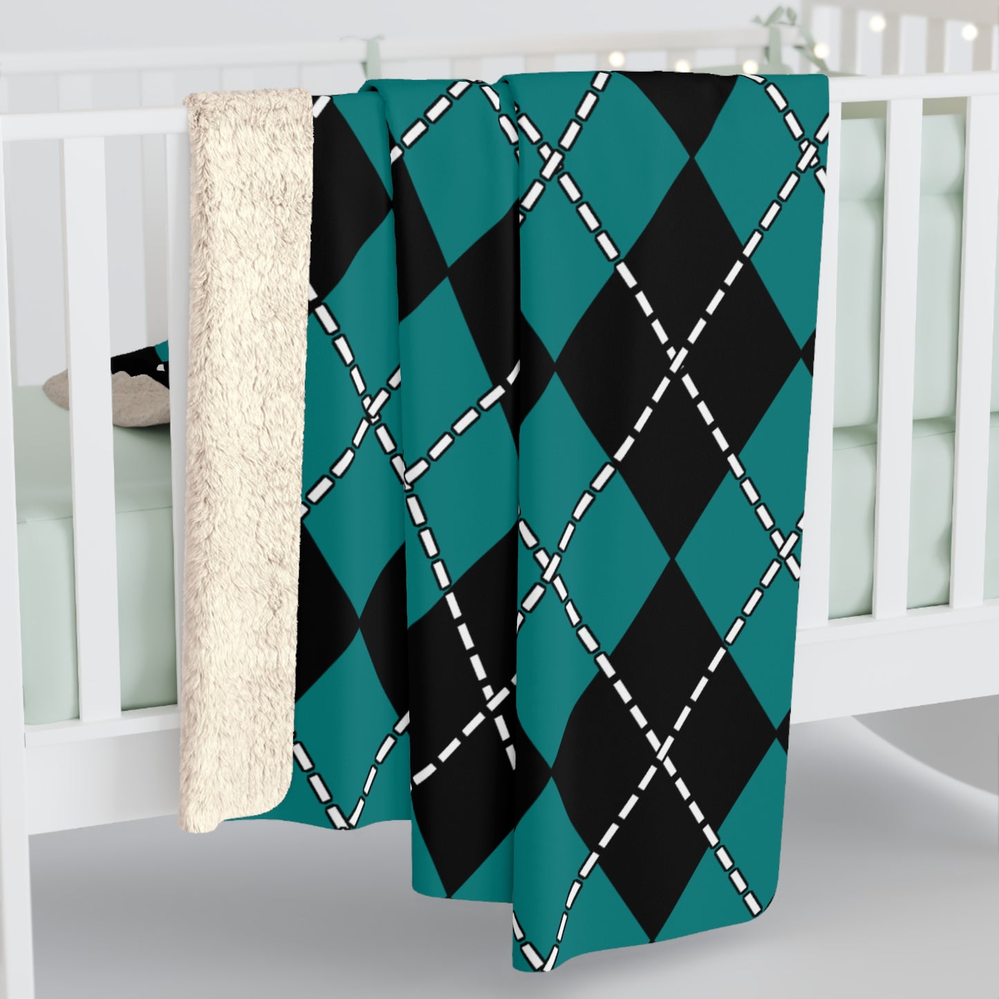 Teal, Black Retro Argyle Blanket Throw