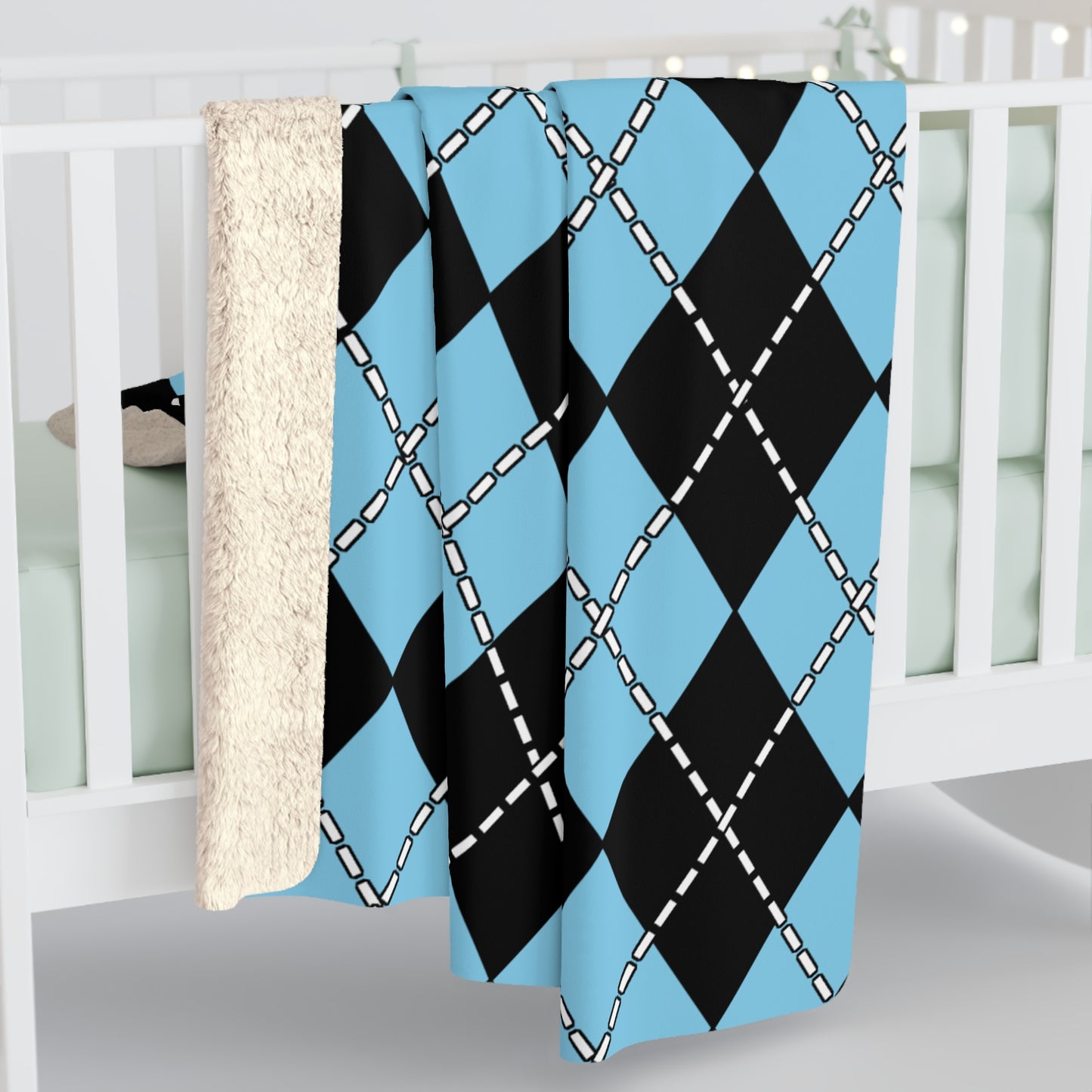 Sky Blue, Black Retro Argyle Blanket Throw