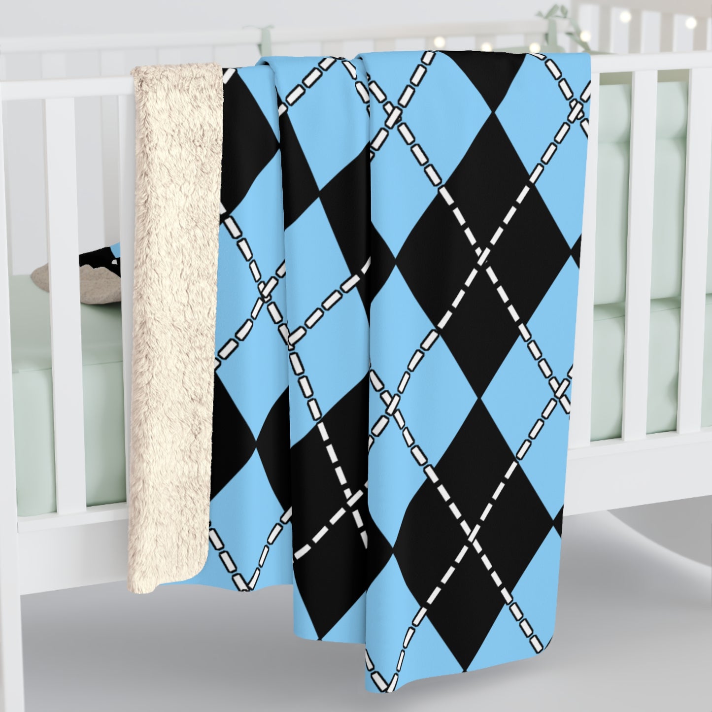 Light Blue, Black Retro Argyle Blanket Throw