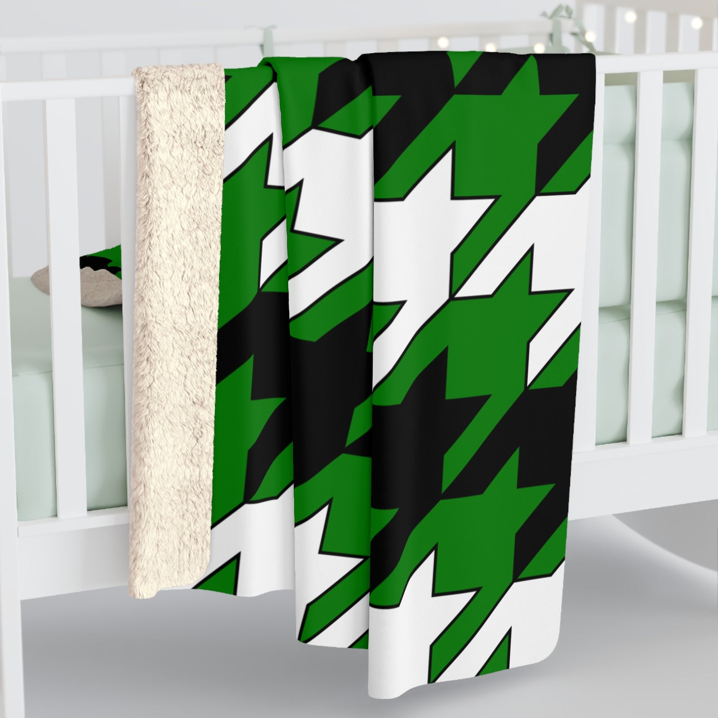 Green, Black, White Retro Houndstooth Blanket Throw