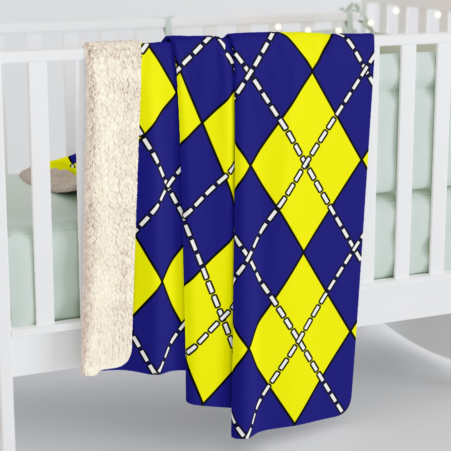 Navy Blue, Yellow Retro Argyle Blanket Throw