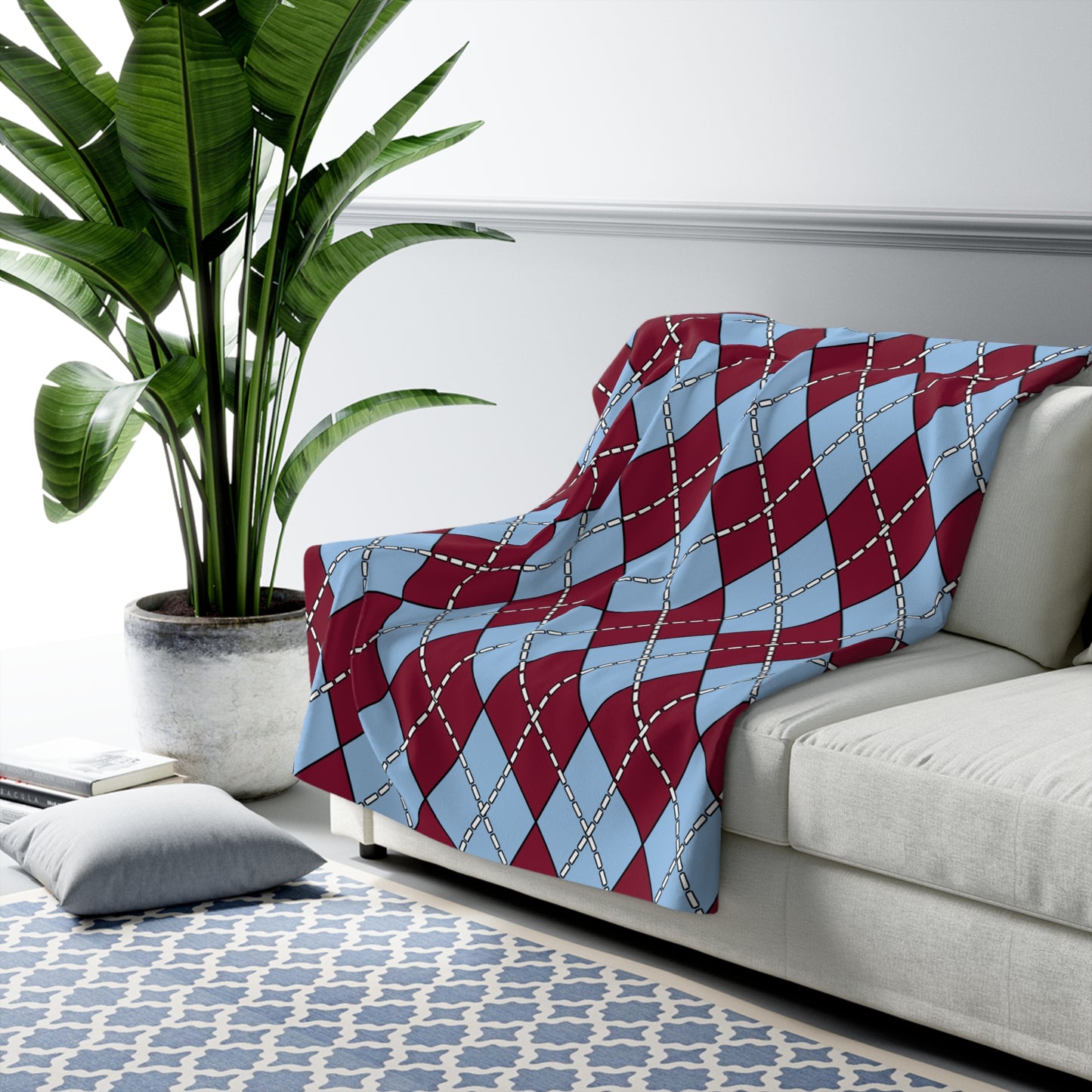 Claret, Blue Retro Argyle Blanket Throw