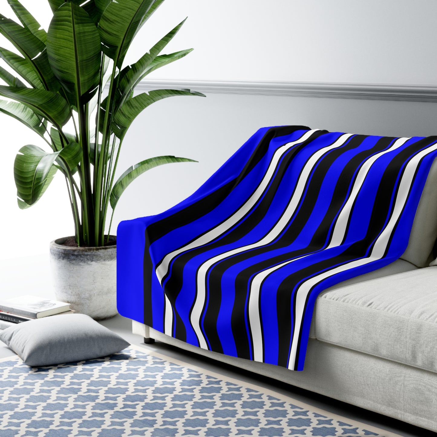 Blue, Black, White Retro Stripes Blanket Throw
