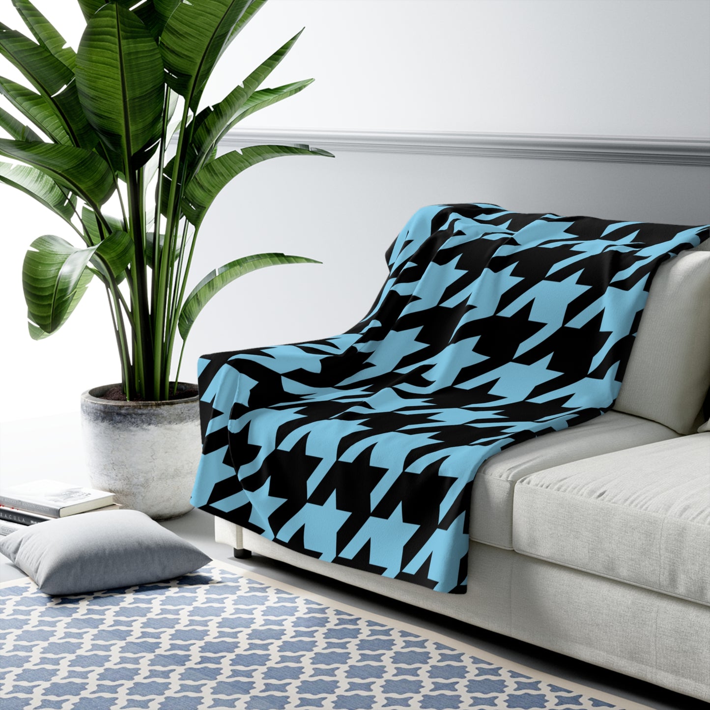 Sky Blue, Black Retro Houndstooth Blanket Throw