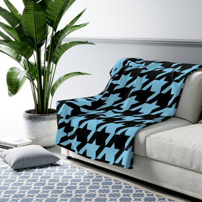 Sky Blue, Black Retro Houndstooth Blanket Throw
