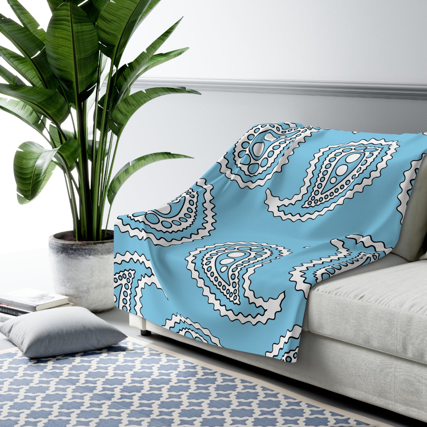 Sky Blue, White Retro Paisley Blanket Throw