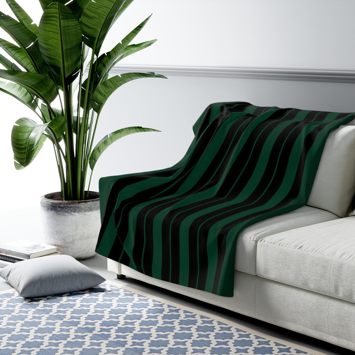 Dark Green, Black Retro Stripes Blanket Throw