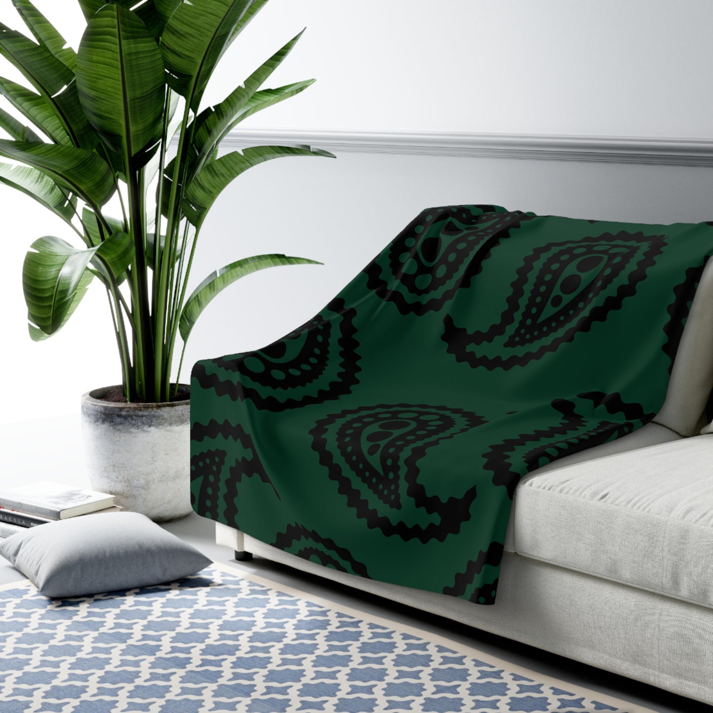 Dark Green, Black Retro Paisley Blanket Throw