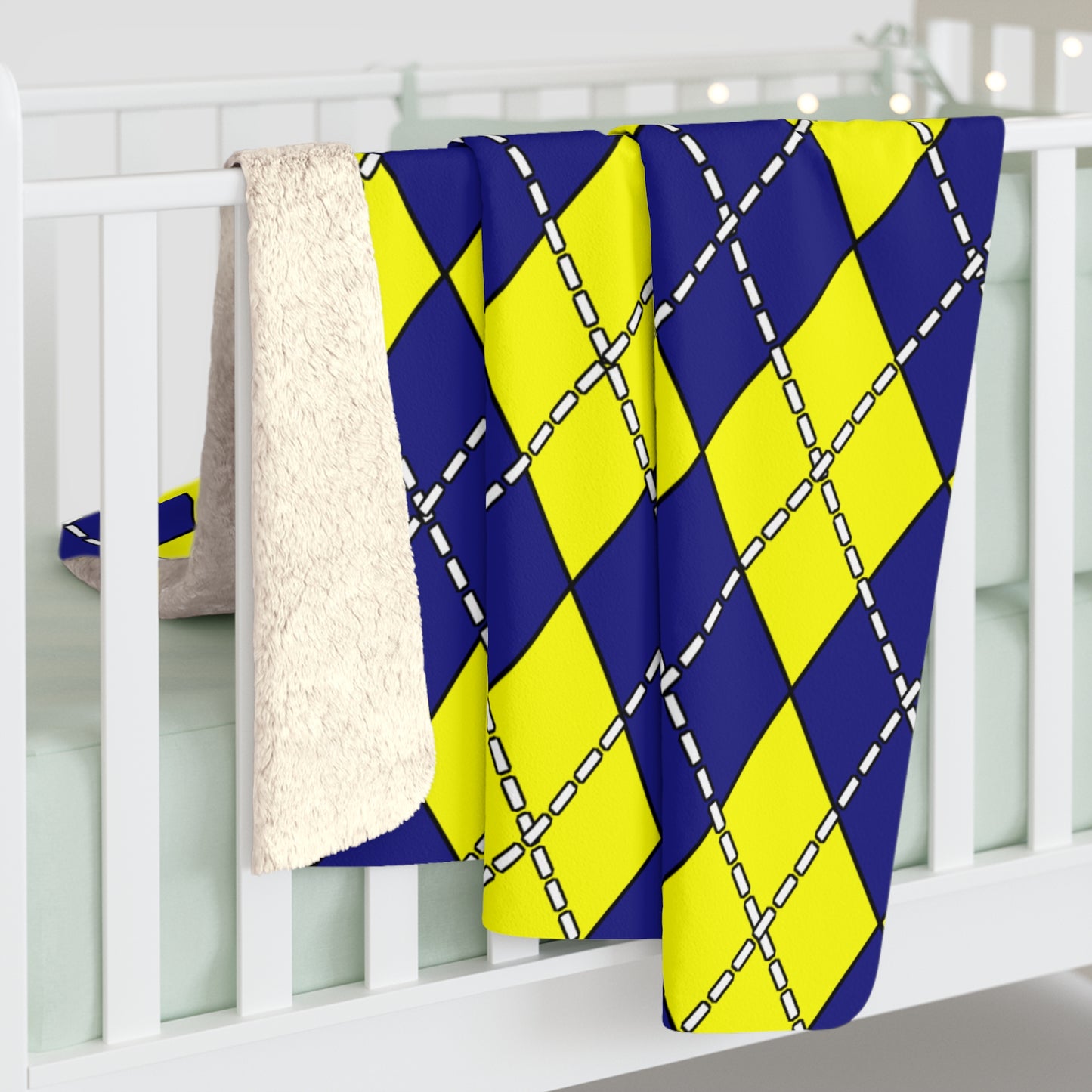 Navy Blue, Yellow Retro Argyle Blanket Throw