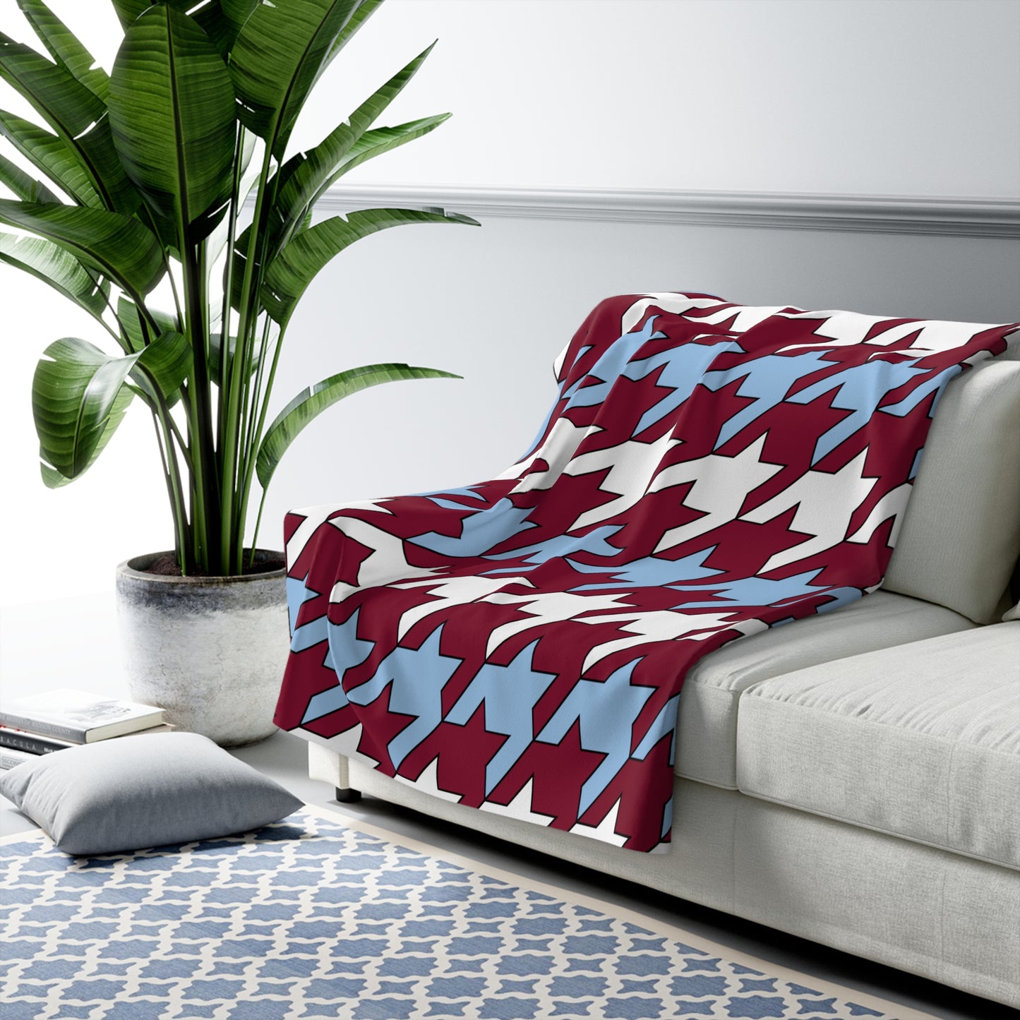 Claret, Blue, White Retro Houndstooth Blanket Throw