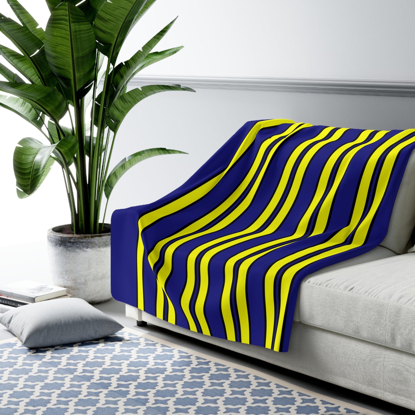 Navy Blue, Yellow Retro Stripes Blanket Throw