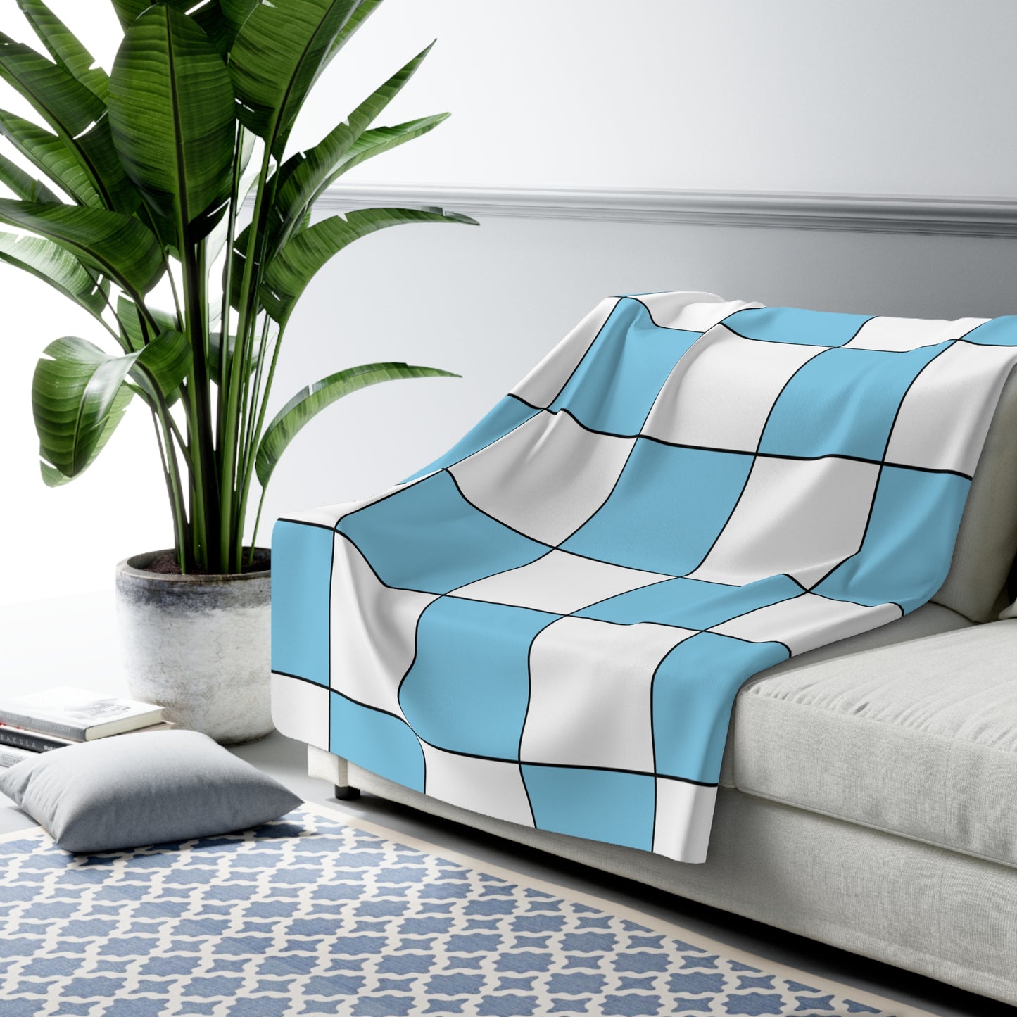 Sky Blue, White Retro Check Blanket Throw