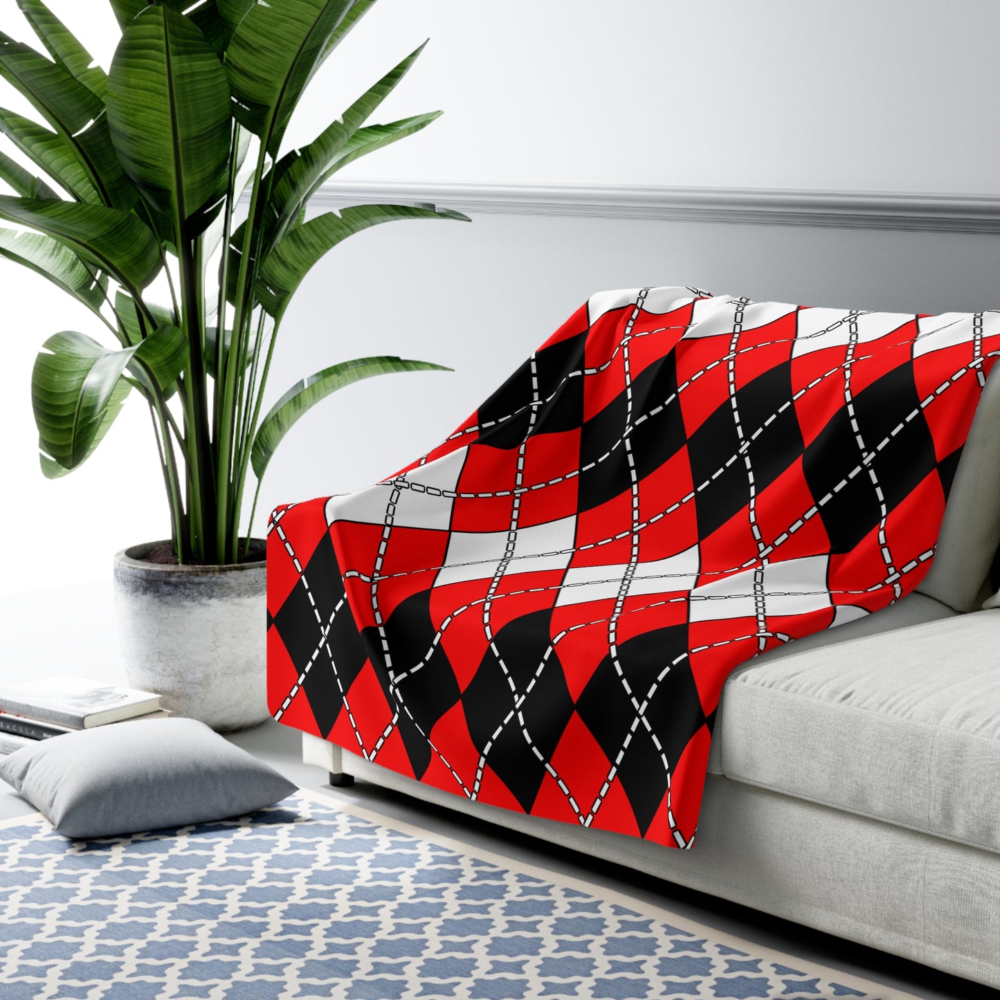Red, Black, White Retro Argyle Blanket Throw
