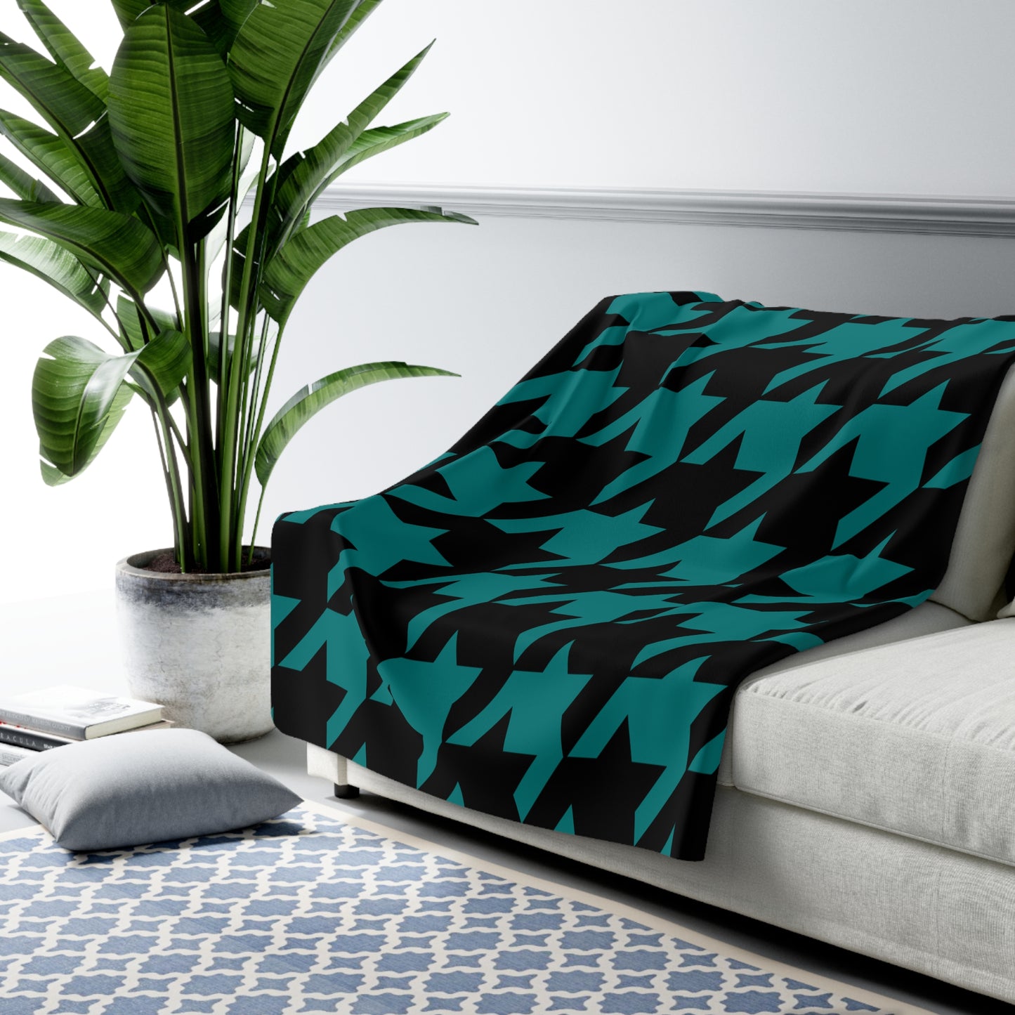 Teal, Black Retro Houndstooth Blanket Throw