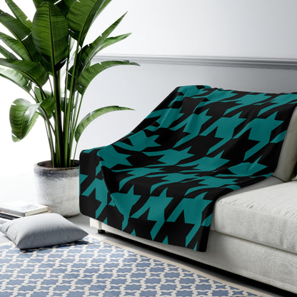 Teal, Black Retro Houndstooth Blanket Throw