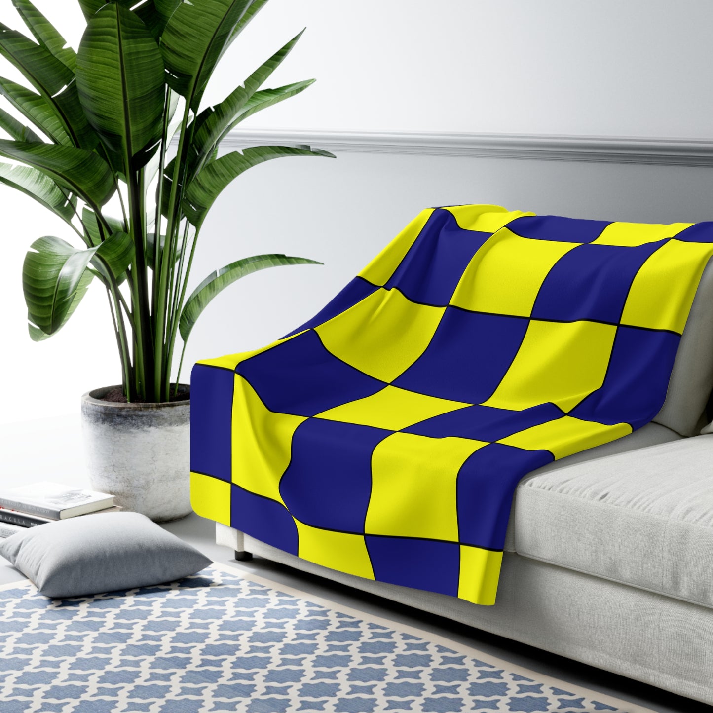 Navy Blue, Yellow Retro Check Blanket Throw