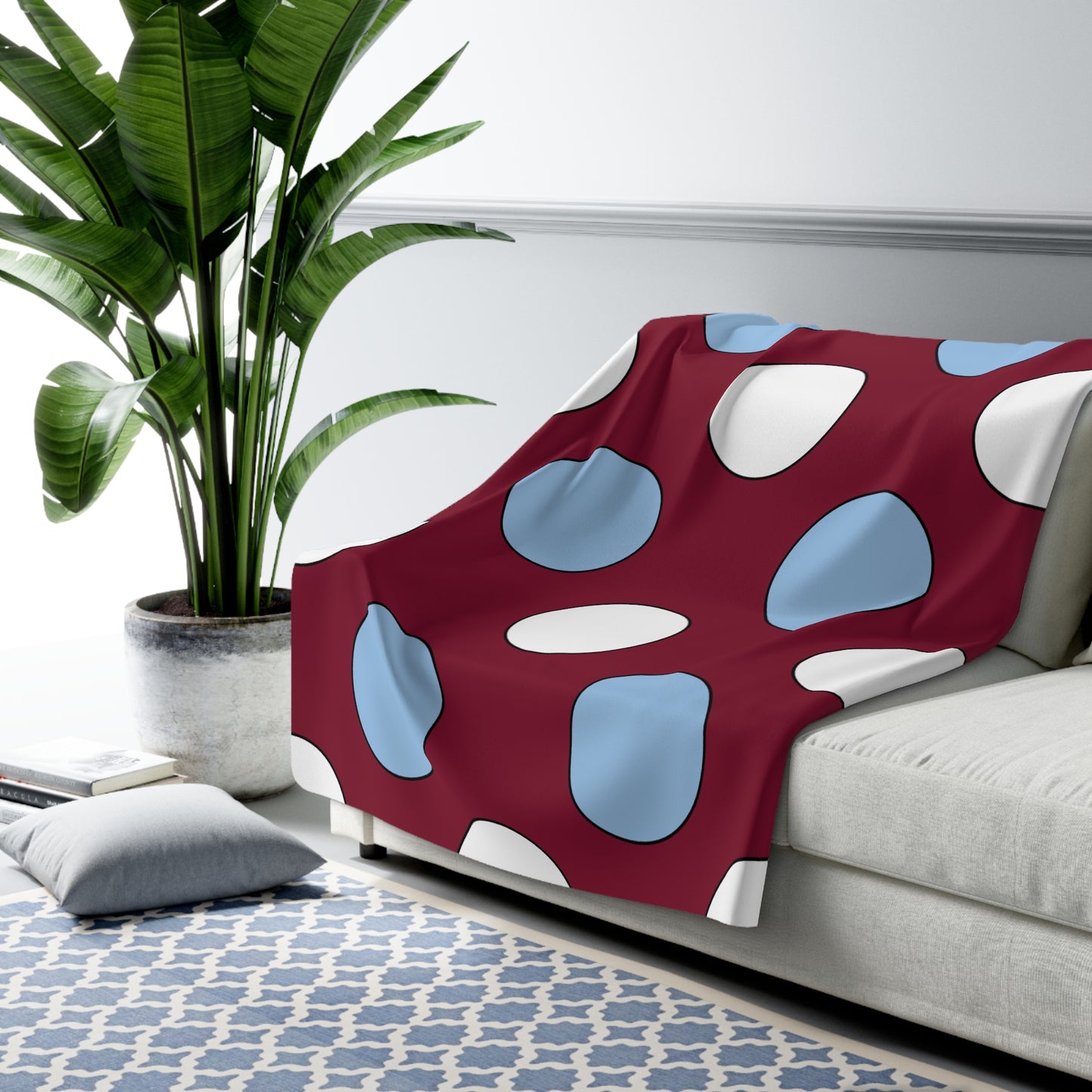 Claret, Blue, White Retro Polka Blanket Throw
