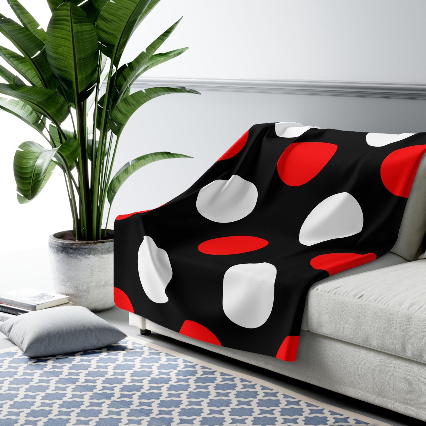 Black, White, Red Retro Polka Dots Blanket Throw