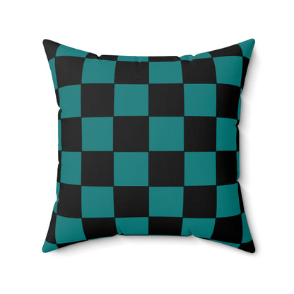 Teal, Black Retro Check Cushion Pillow