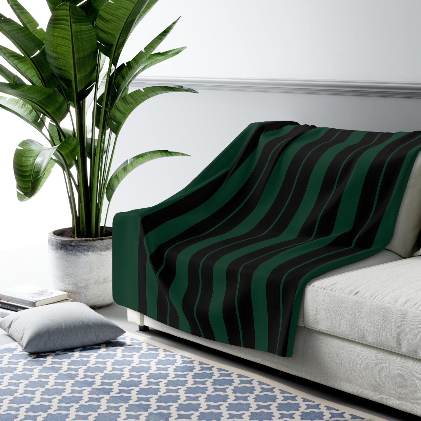 Dark Green, Black Retro Stripes Blanket Throw