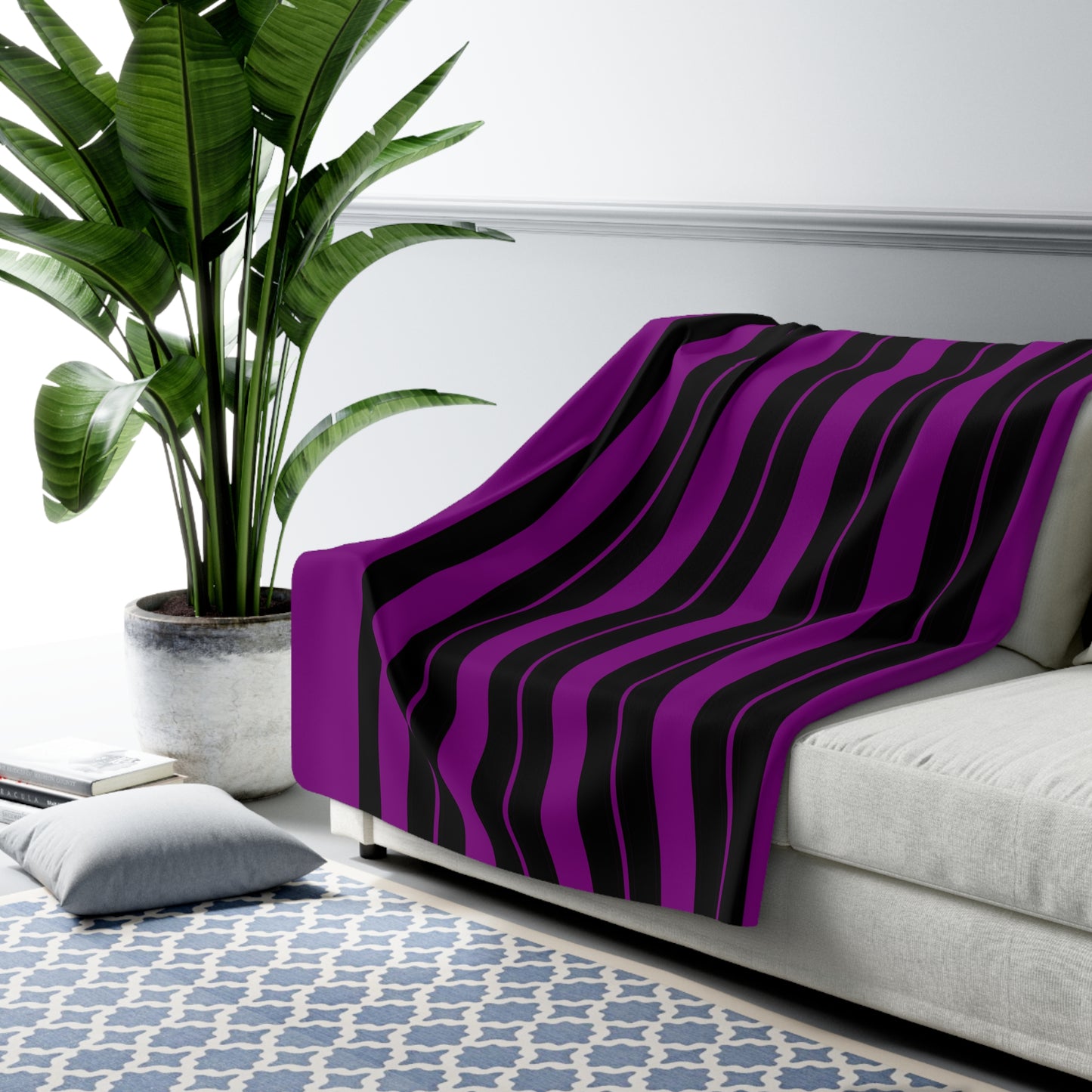 Purple, Black Retro Stripes Blanket Throw