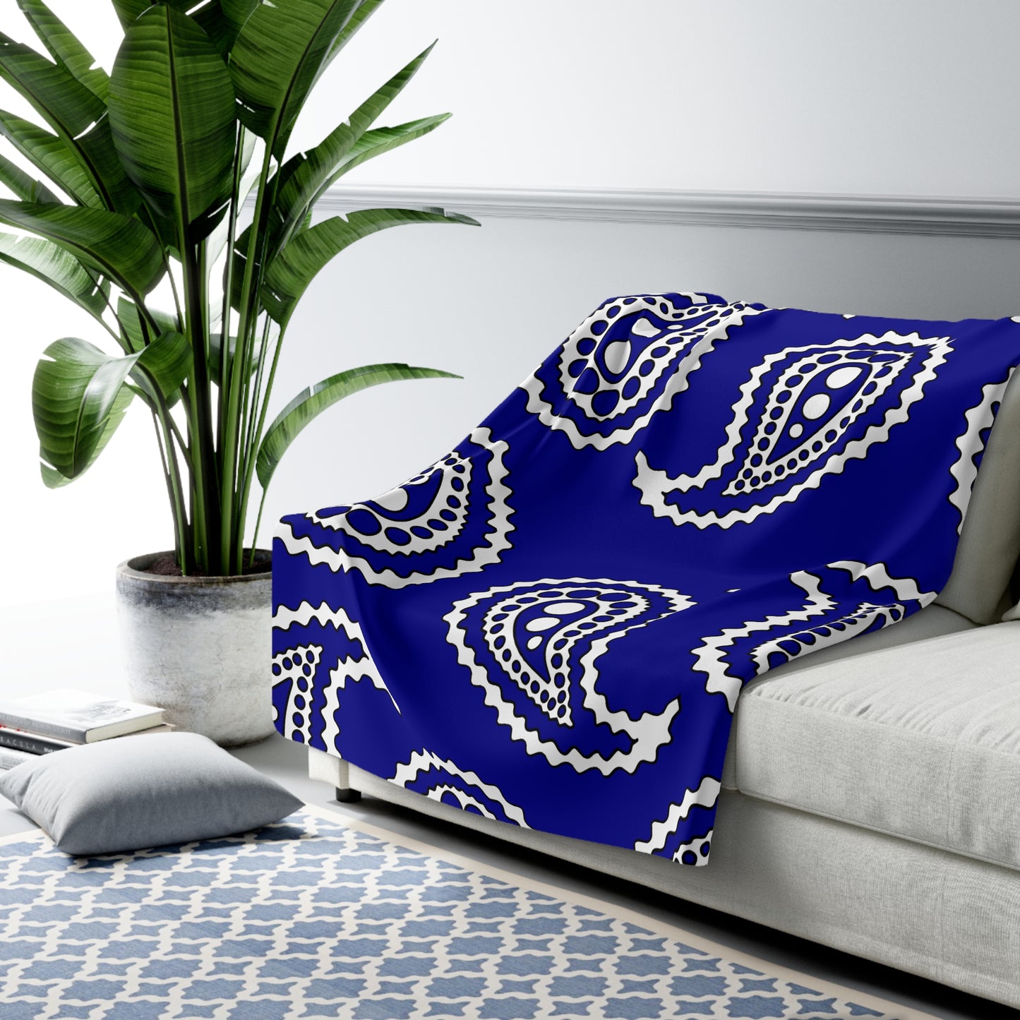 Dark Blue, White Retro Paisley Blanket Throw