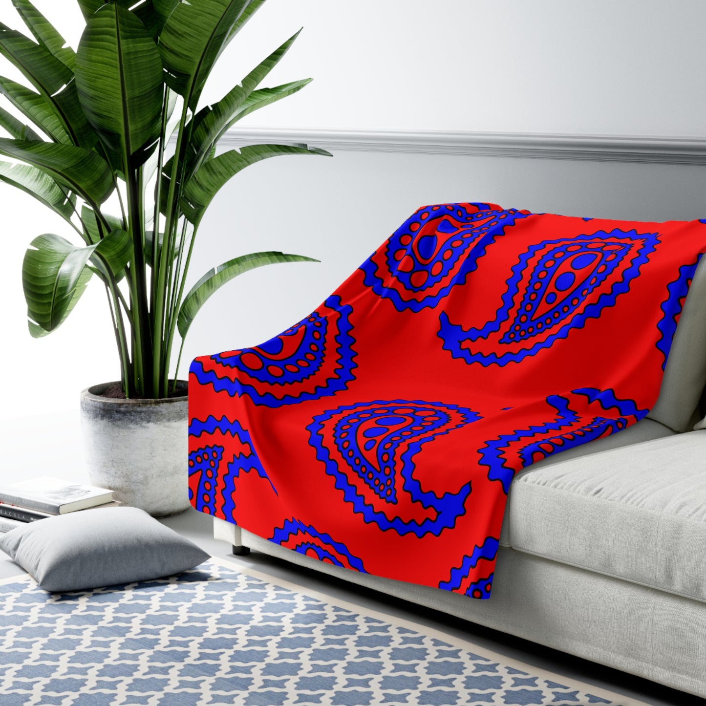 Red, Blue Retro Paisley Blanket Throw