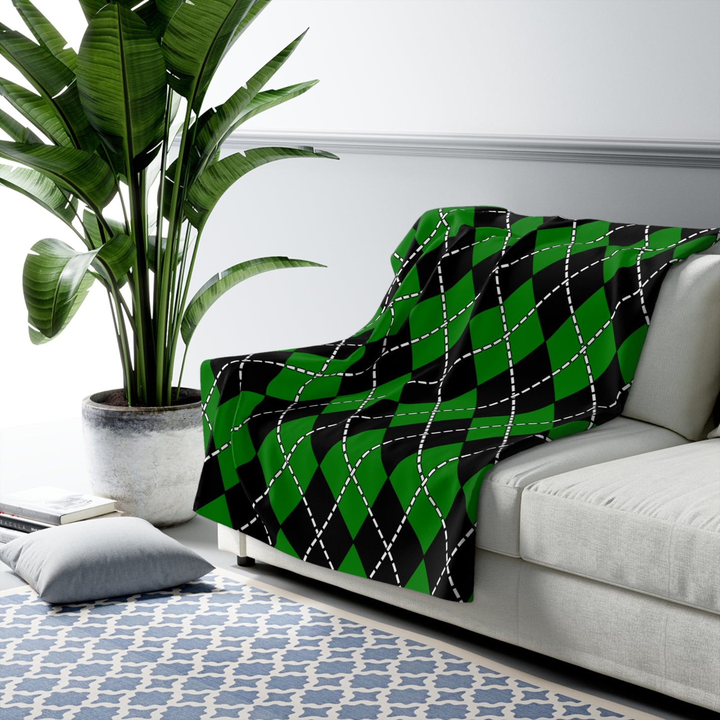 Green, Black Retro Argyle Blanket Throw