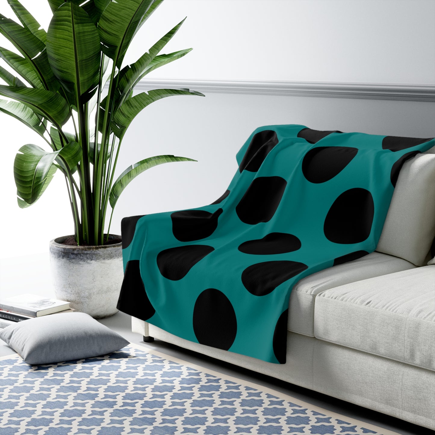 Teal, Black Retro Polka Dots Blanket Throw