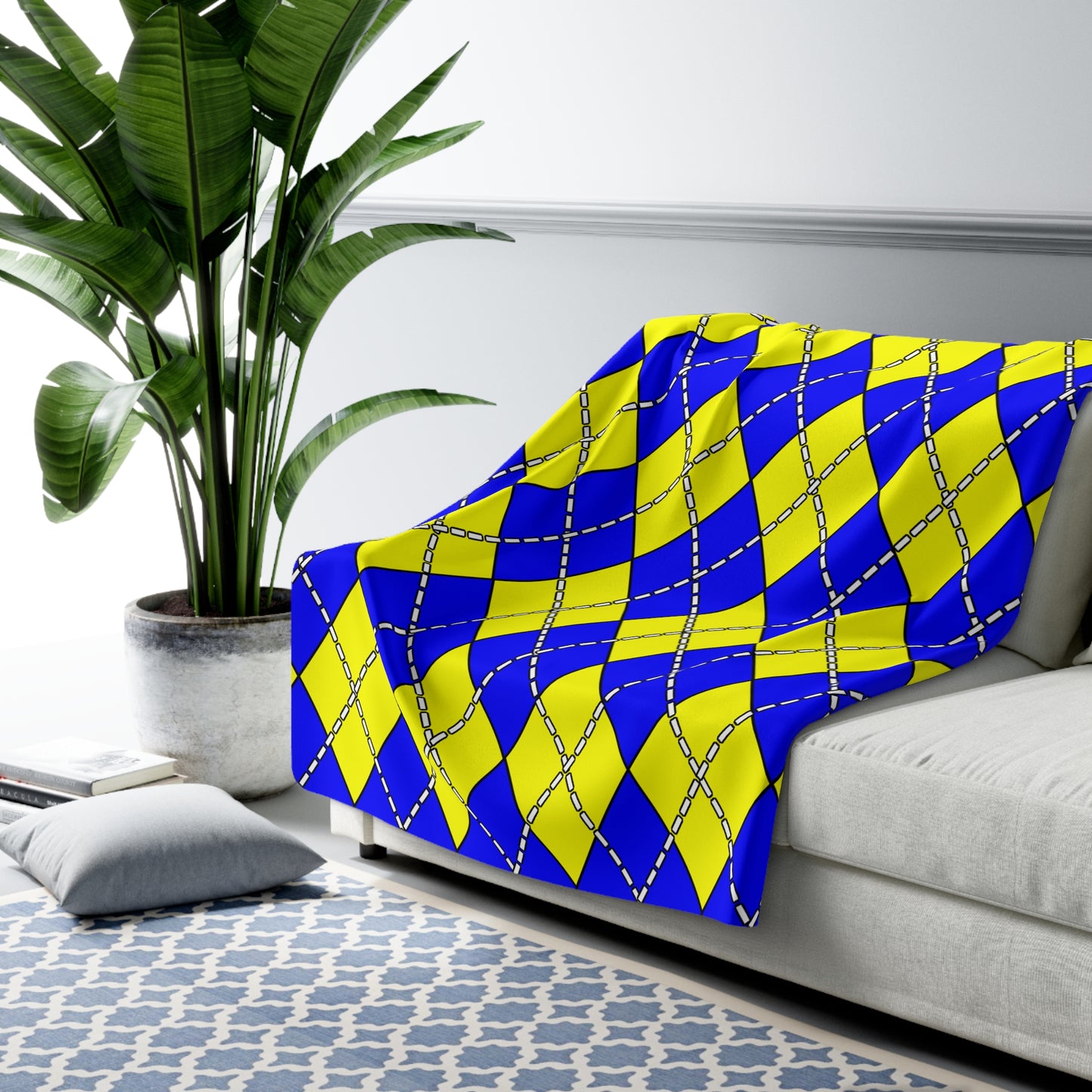 Blue, Yellow Retro Argyle Blanket Throw