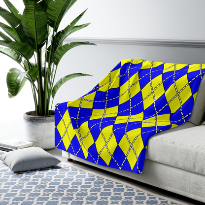 Blue, Yellow Retro Argyle Blanket Throw