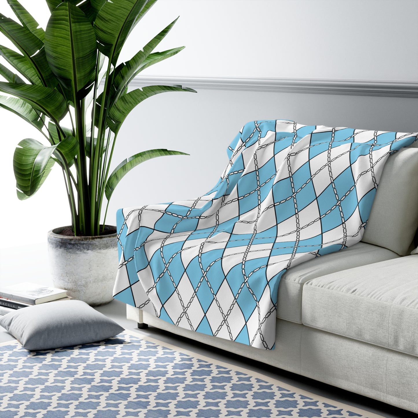 Sky Blue, White Retro Argyle Blanket Throw