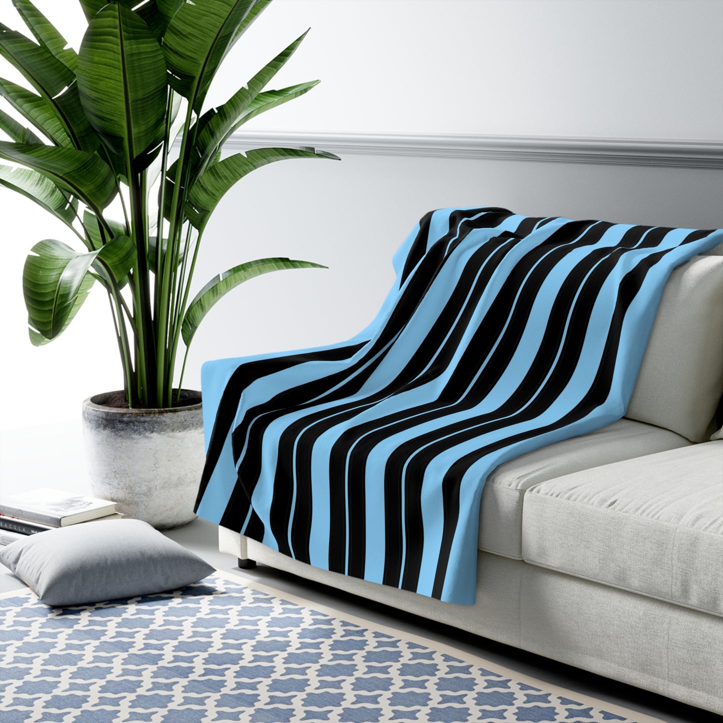 Light Blue, Black Retro Stripes Blanket Throw
