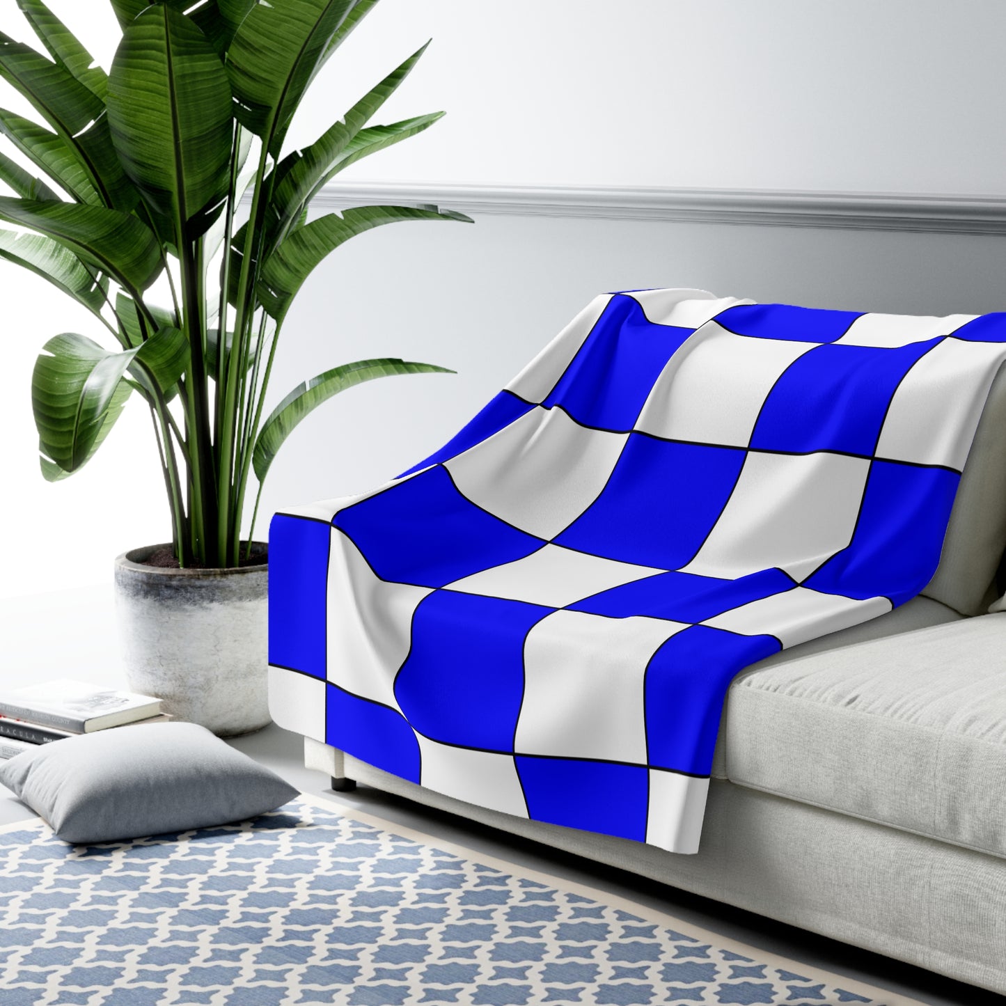 Blue, White Retro Check Blanket Throw
