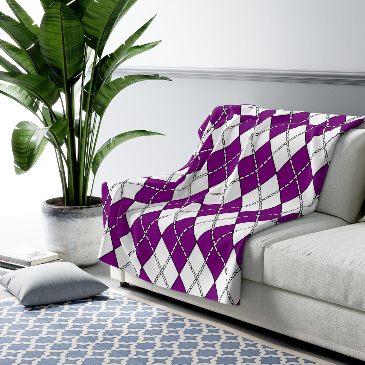Purple, White Retro Argyle Blanket Throw