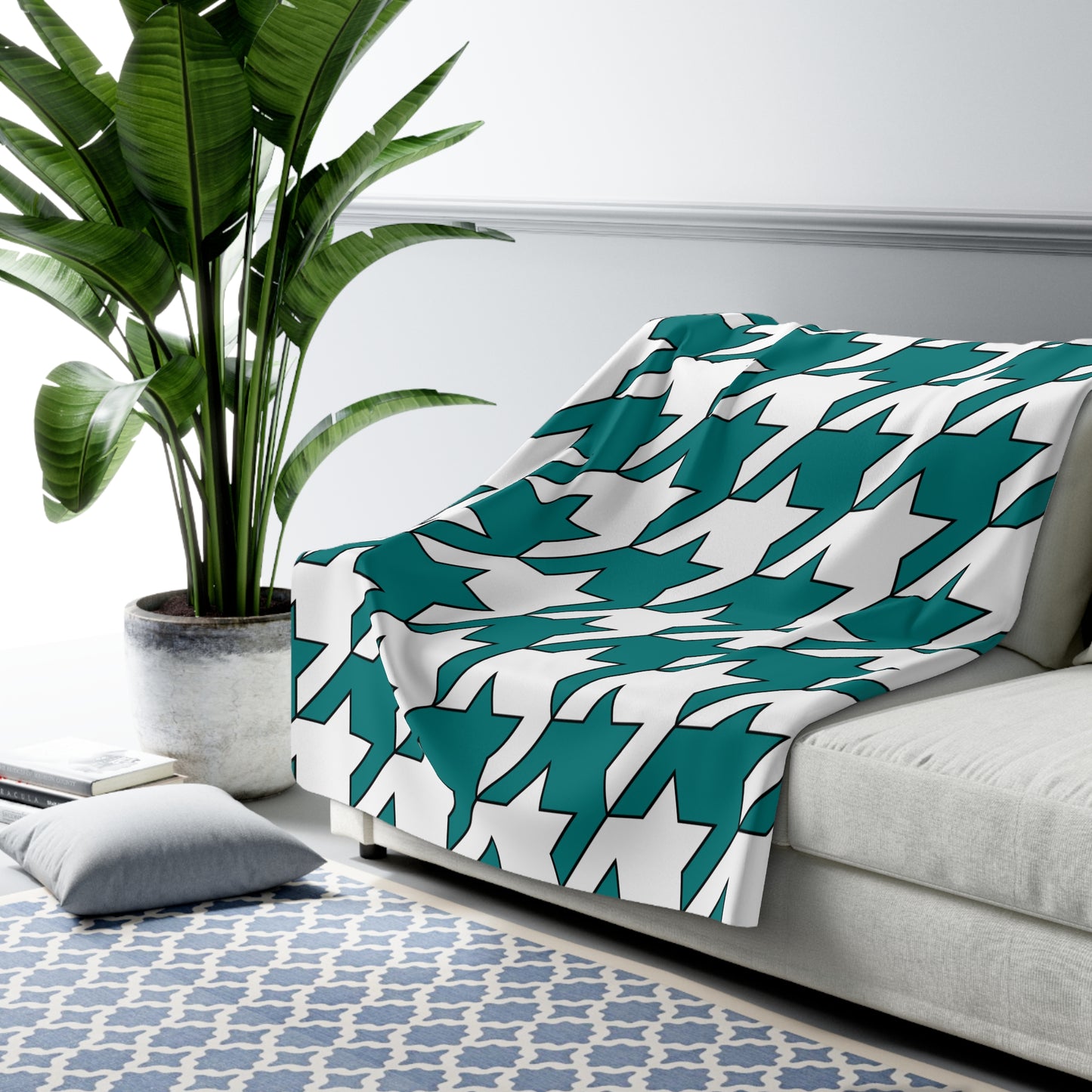 Teal, White Retro Houndstooth Blanket Throw