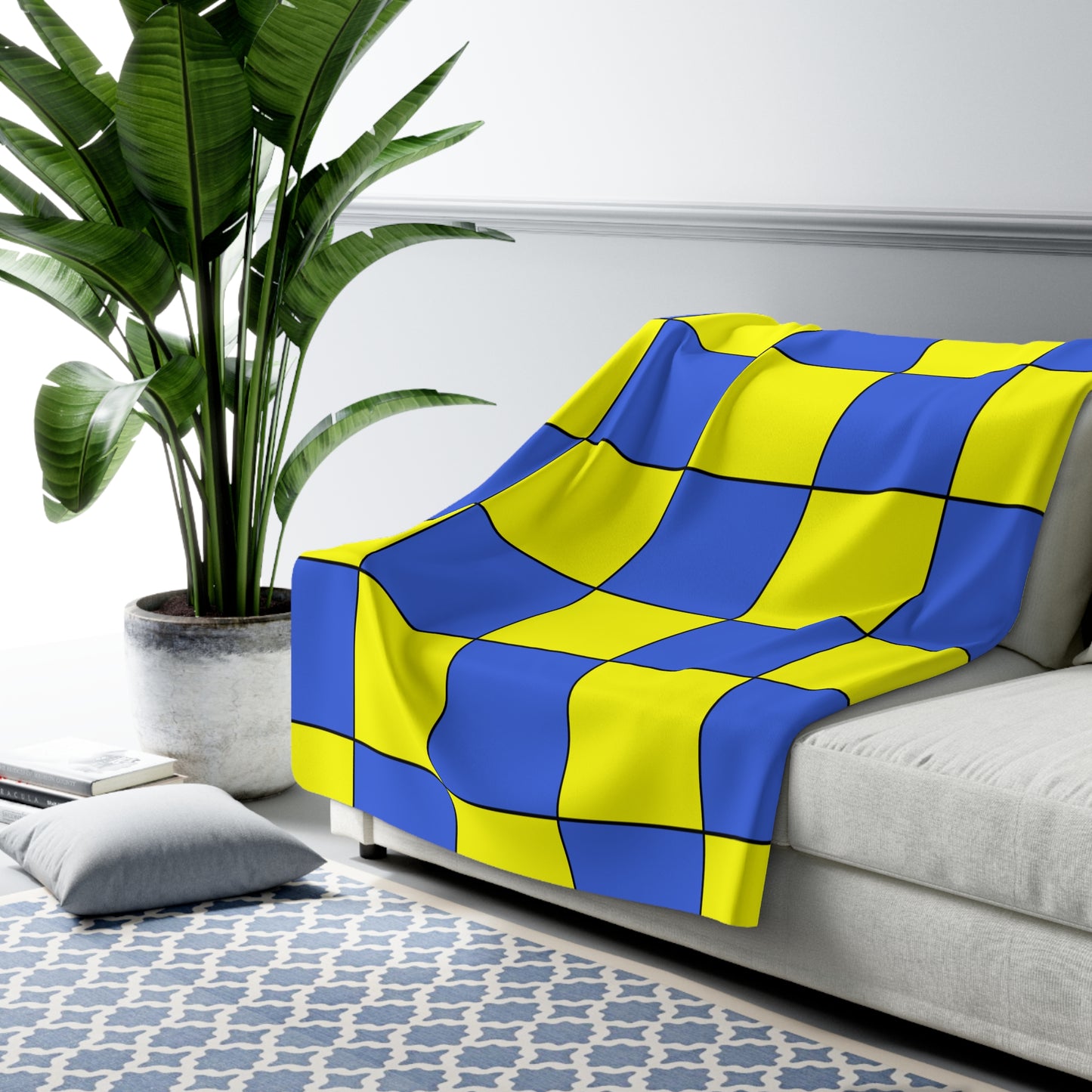 Royal Blue, Yellow Retro Check Blanket Throw