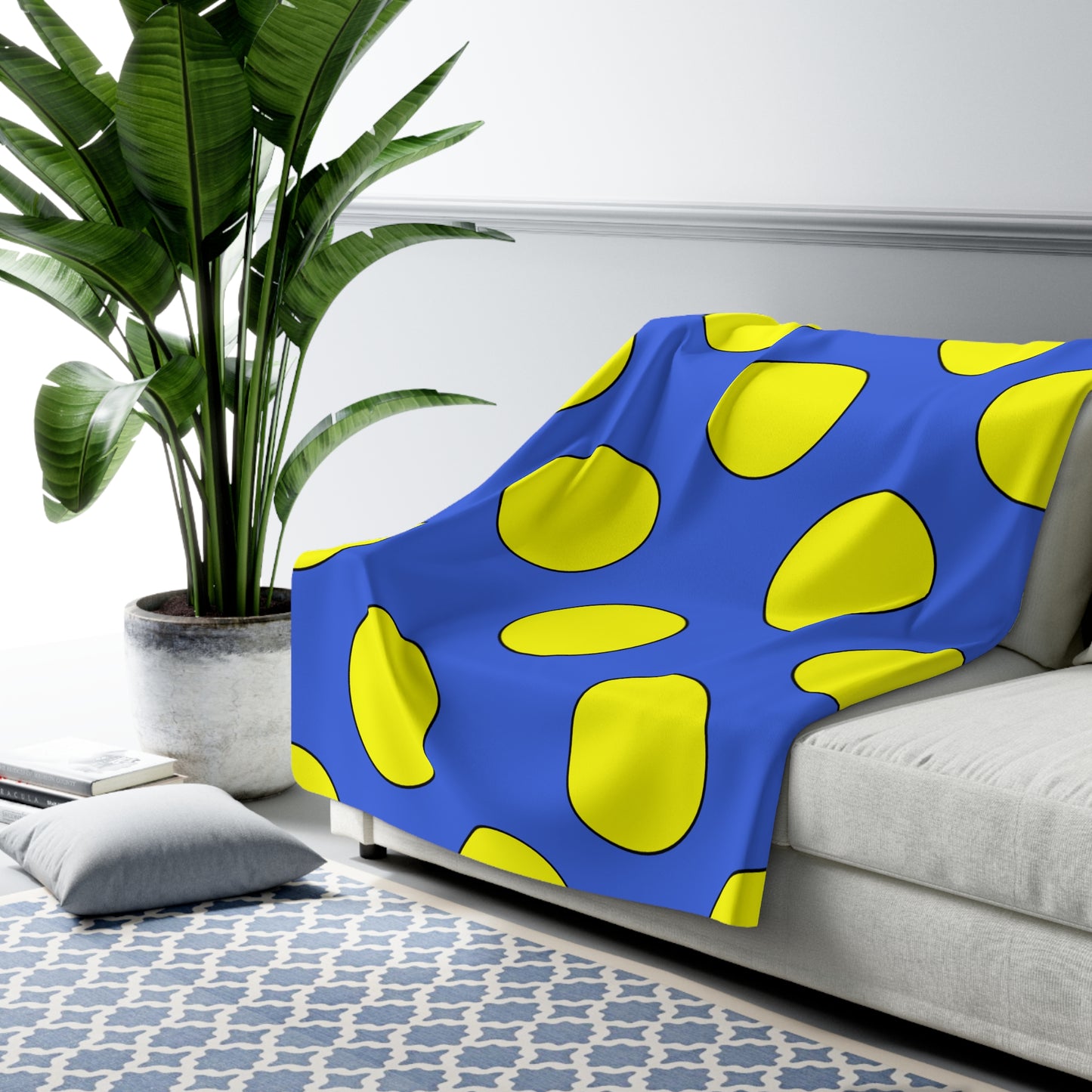 Royal Blue, Yellow Retro Polka Dots Blanket Throw
