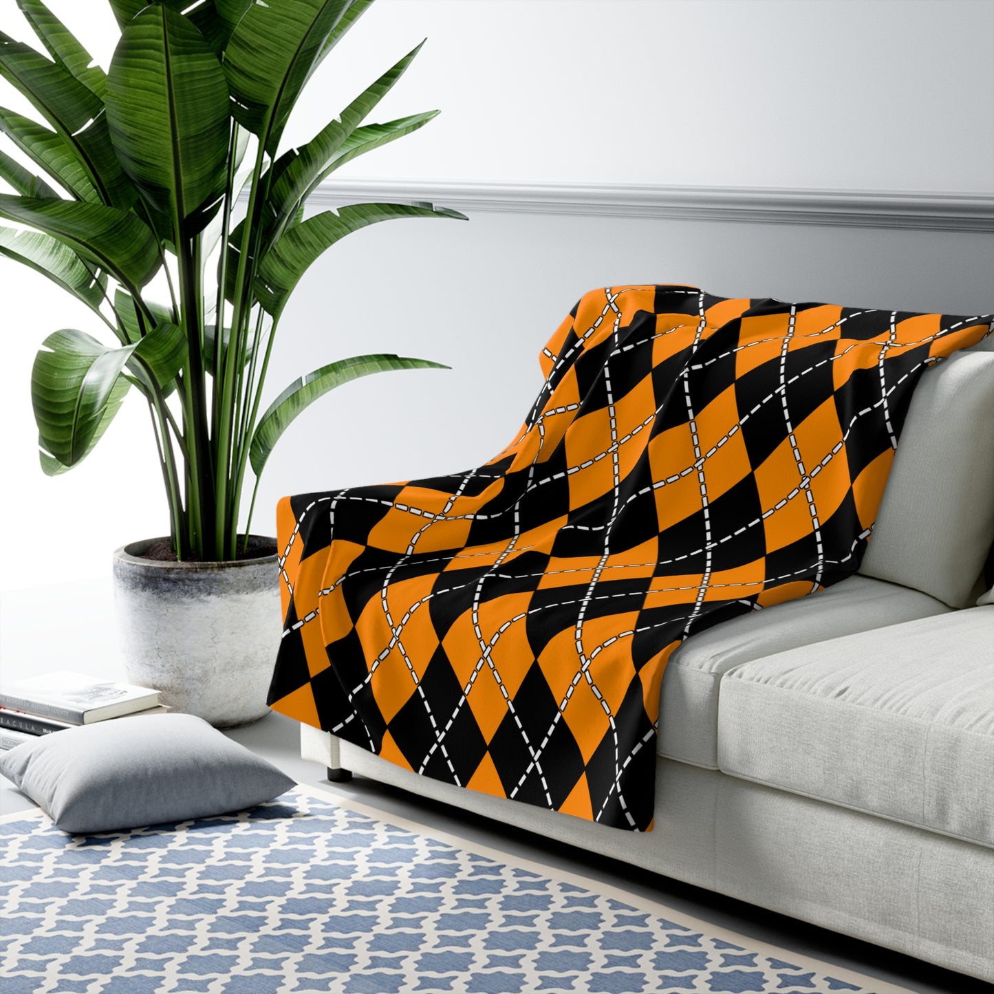 Dark Orange, Black Retro Argyle Blanket Throw