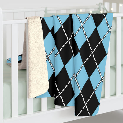 Sky Blue, Black Retro Argyle Blanket Throw