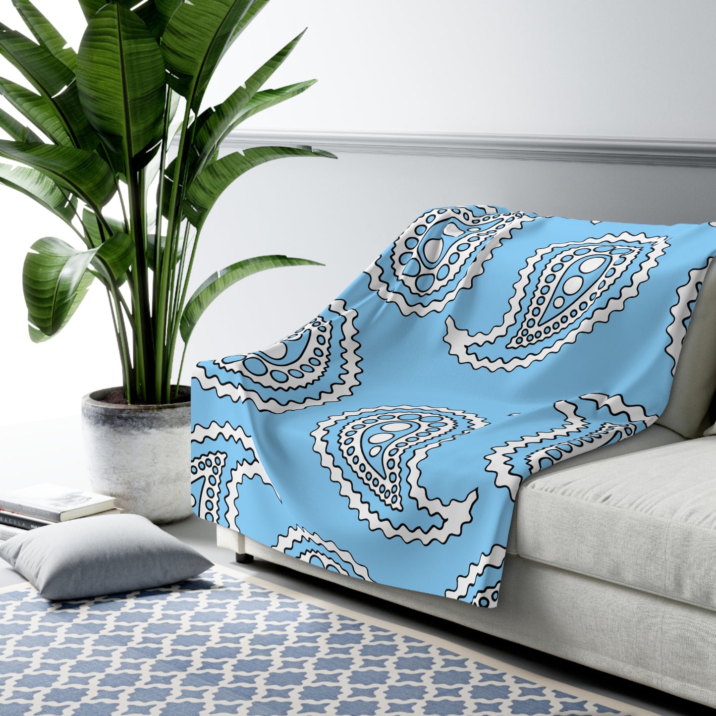 Light Blue, White Retro Paisley Blanket Throw