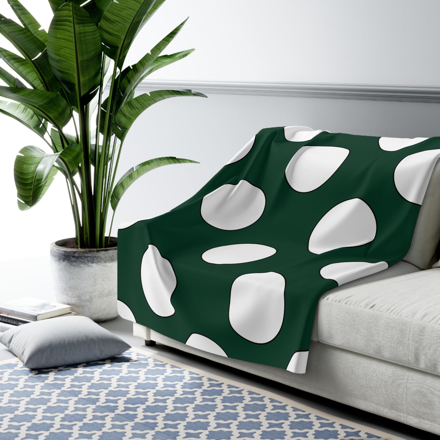 Dark Green, White Retro Polka Dots Blanket Throw