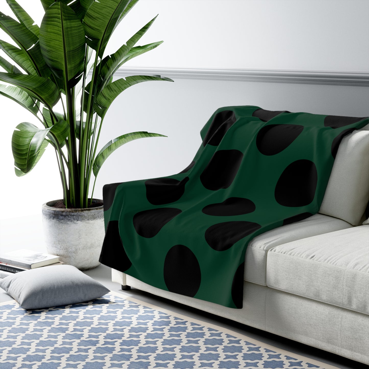 Dark Green, Black Retro Polka Dots Blanket Throw