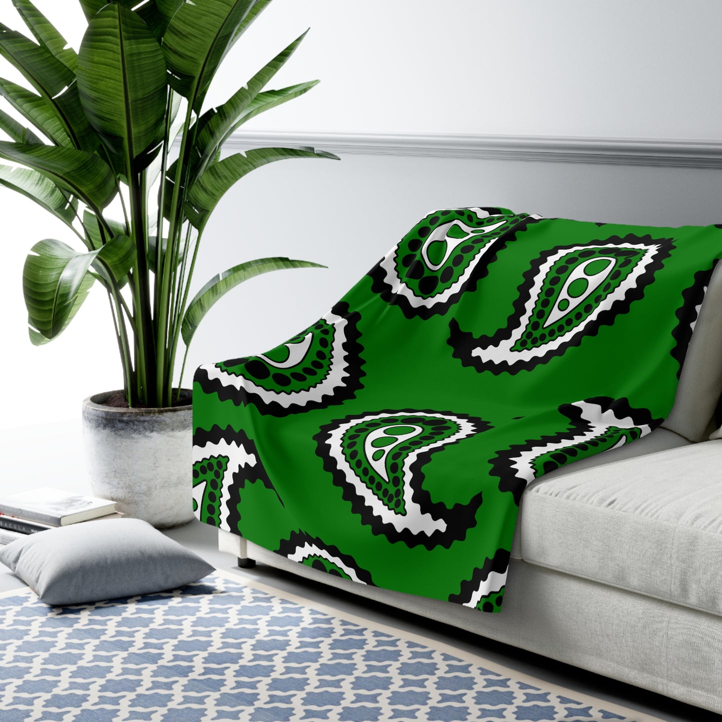 Green, Black, White Retro Paisley Blanket Throw