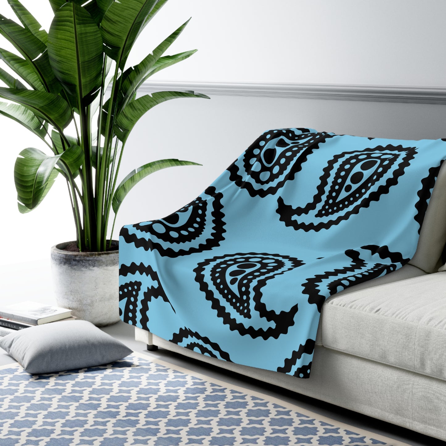 Sky Blue, Black Retro Paisley Blanket Throw