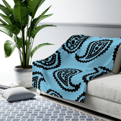 Sky Blue, Black Retro Paisley Blanket Throw