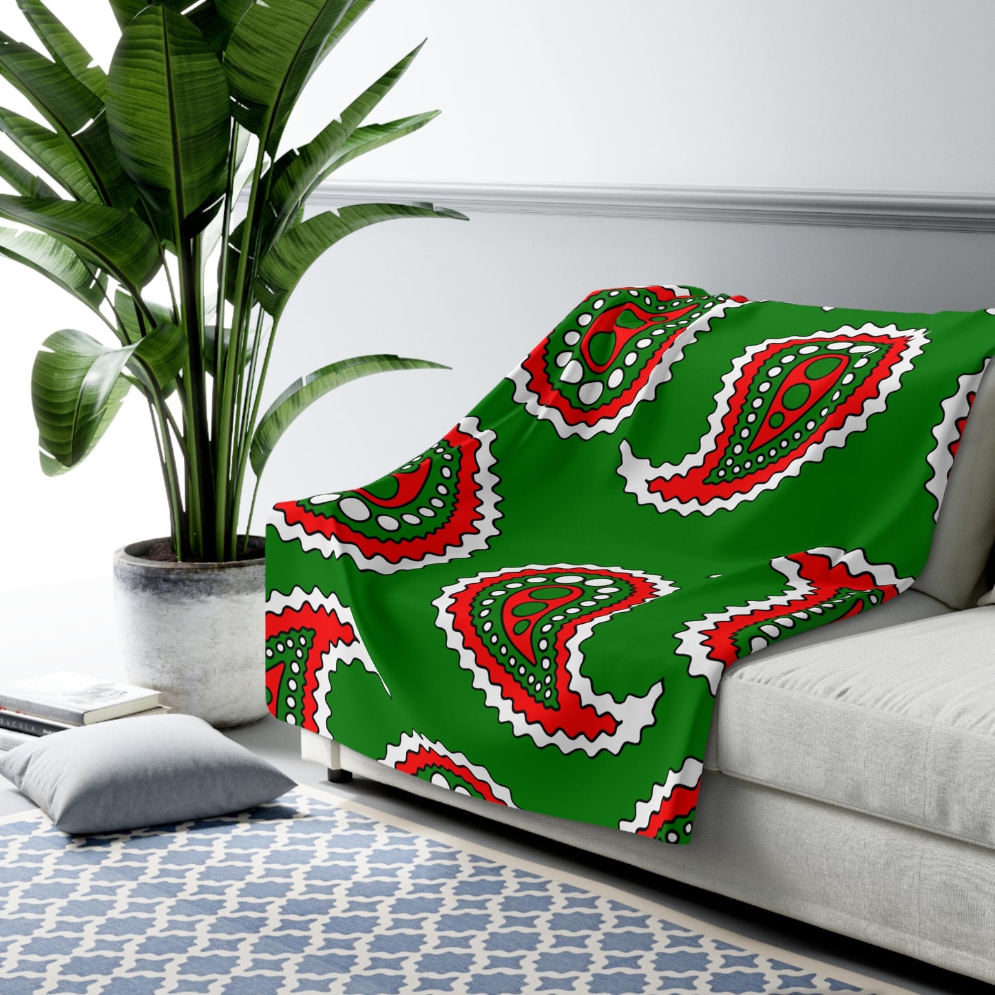 Green, White, Red Retro Paisley Blanket Throw