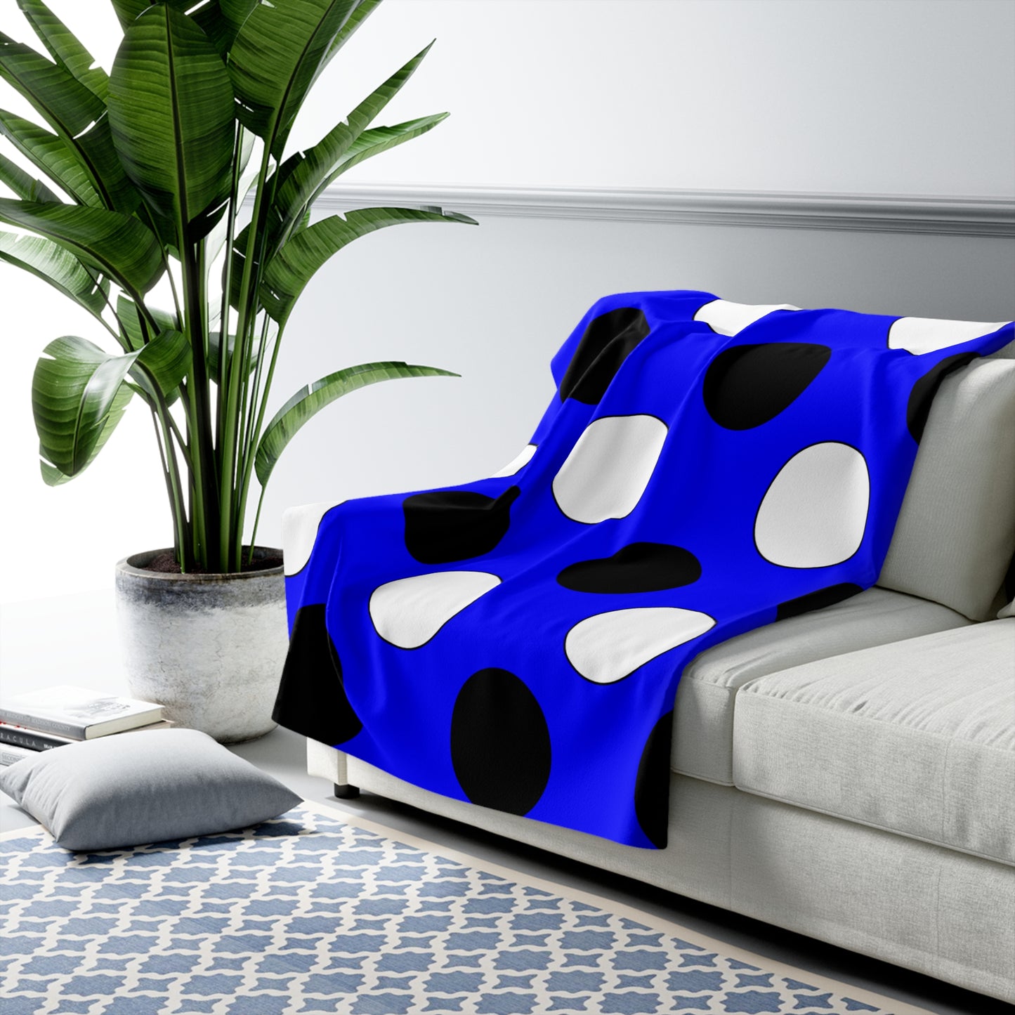 Blue, Black, White Retro Polka Dots Blanket Throw